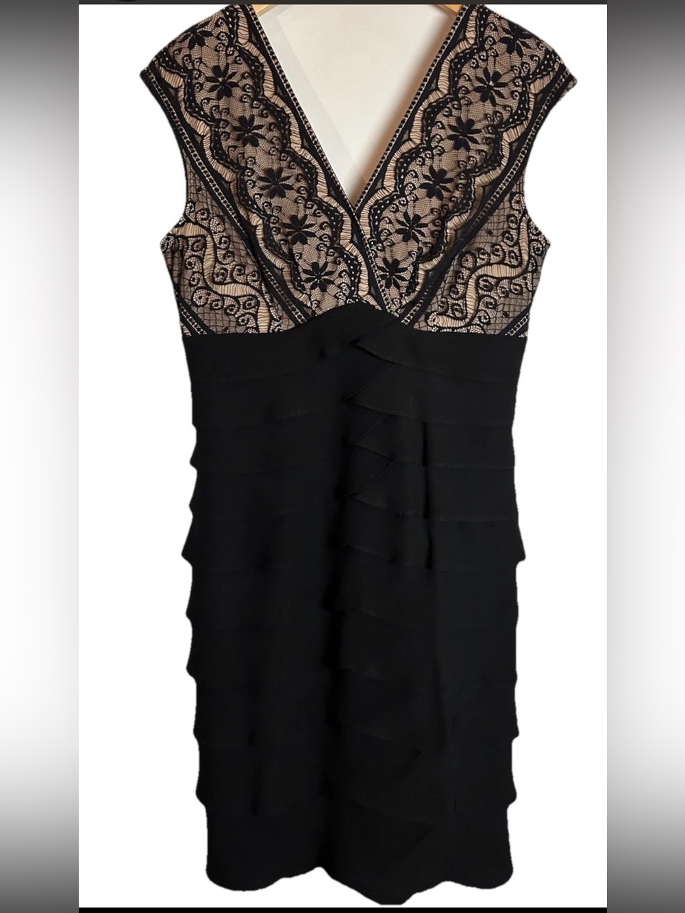 Vintage Jessica Howard Black Sheath Dress Lace Top Ruffle Tiered Skirt V-Neck